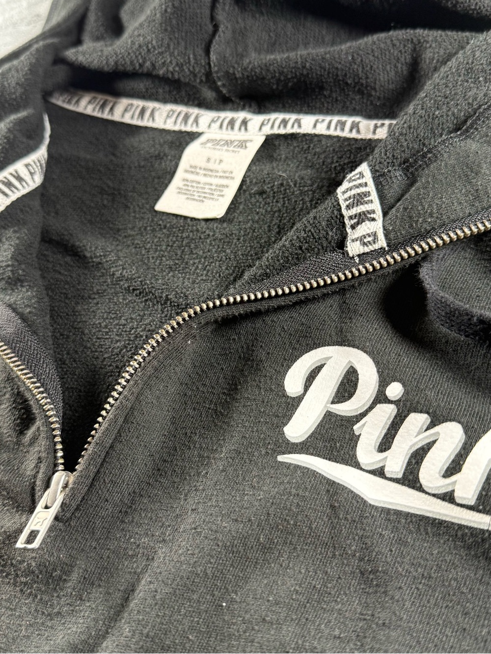 Victoria's Secret PINK Black Quarter Zip Drawstring Hoodie W/Logo Sleeve Size S